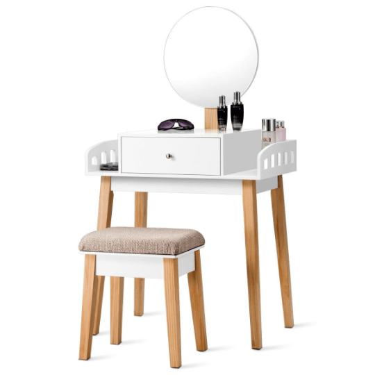 Vanity Wooden Makeup Dressing with Mirror and Stool - Plugsusa