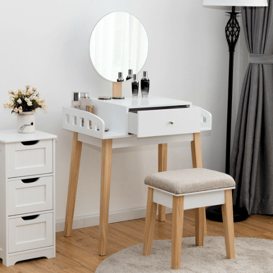 Vanity Wooden Makeup Dressing with Mirror and Stool - Plugsusa