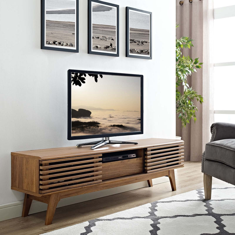 Wooden Mid Century Tv Stand 59" Walnut Sliding Doors - Plugsus Home Furniture